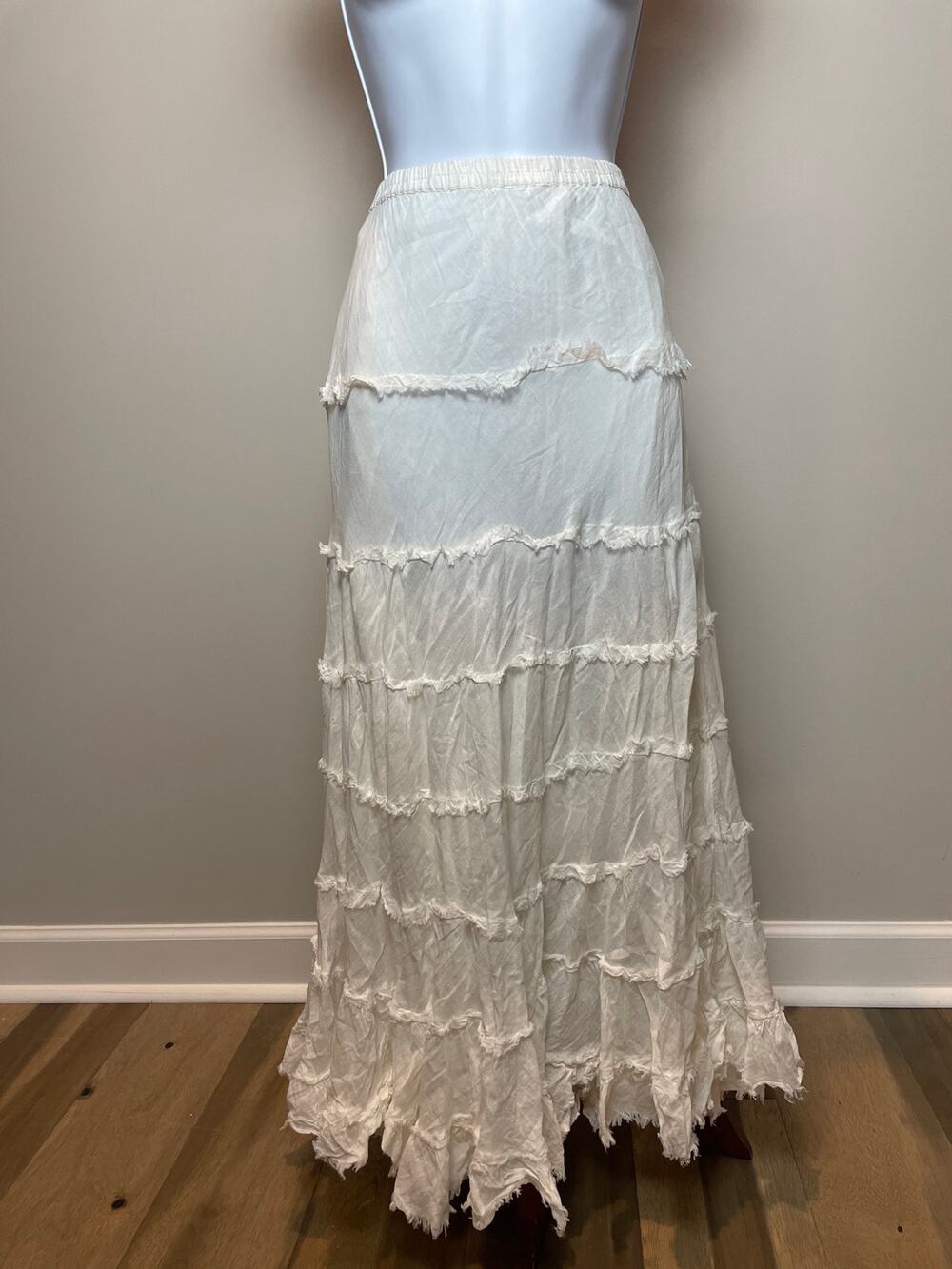 Solitaire Skirt Size L White Cotton Tiered Maxi Ruffle Boho Elastic Waist